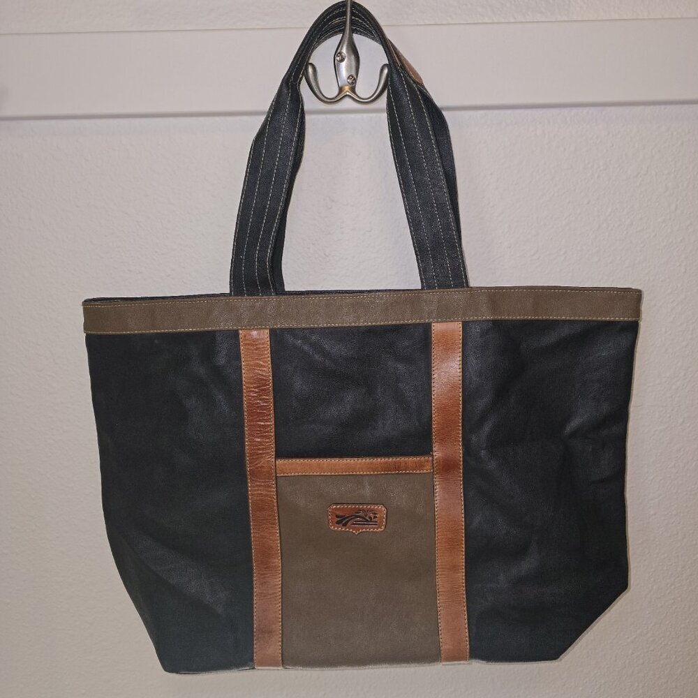 Leather-Trim Black and Brown Tote Bag